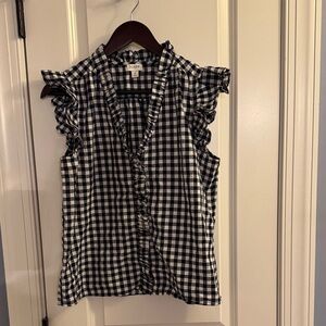 J. Crew Navy and White Checkered Ruffle Blouse
